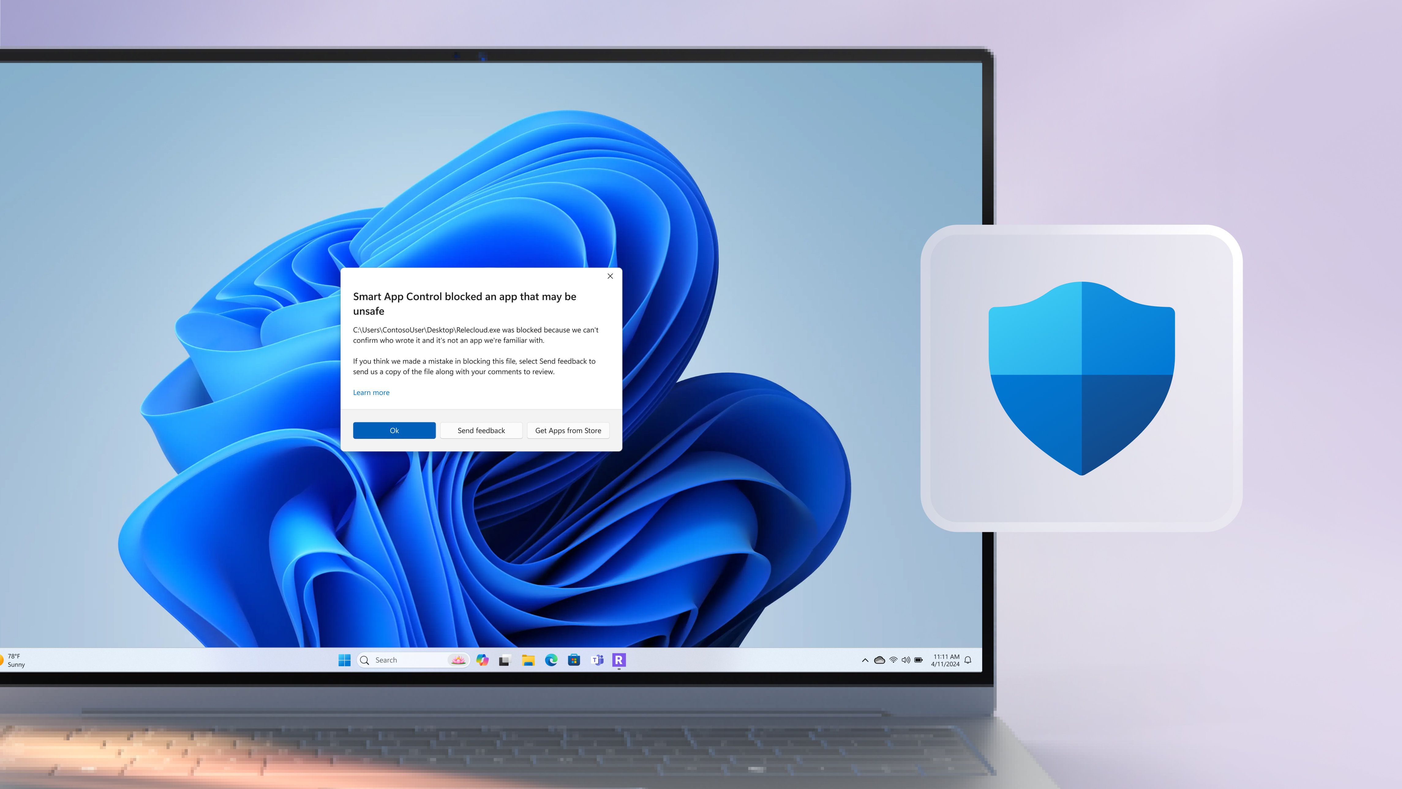 Notificación del Control Inteligente de Aplicaciones en una portátil abierta, con una flor azul en pantalla sobre un fondo de gradiente púrpura claro.