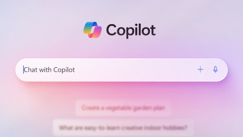 Primer plano de la barra de búsqueda de la app Copilot sobre un fondo de color púrpura claro y rosado.