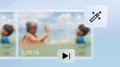 Una foto borrosa se muestra sobre un fondo azul claro con iconos de edición agrandados por encima.
