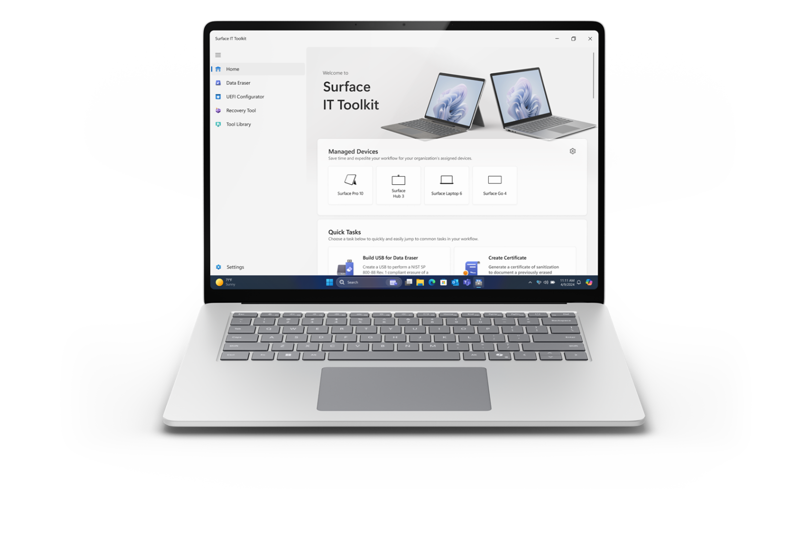 Μια συσκευή Surface Laptop που είναι στραμμένη προς τα μπροστά και προβάλει την οθόνη κιτ εργαλείων Surface IT