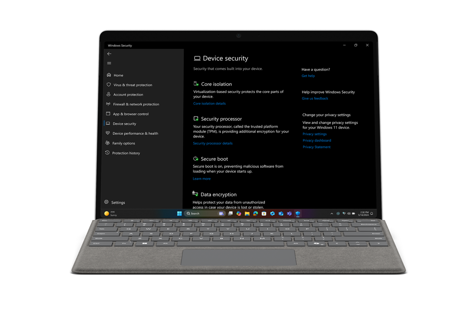 Μια ανοιχτή συσκευή Surface Pro στραμμένη προς τα μπροστά
