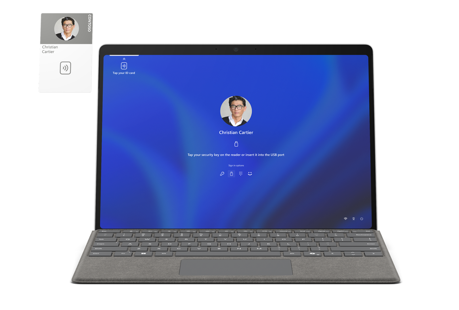 Απεικόνιση της μπροστινής όψης του Surface Pro, στην οποία φαίνεται η συσκευή ανάγνωσης NFC.