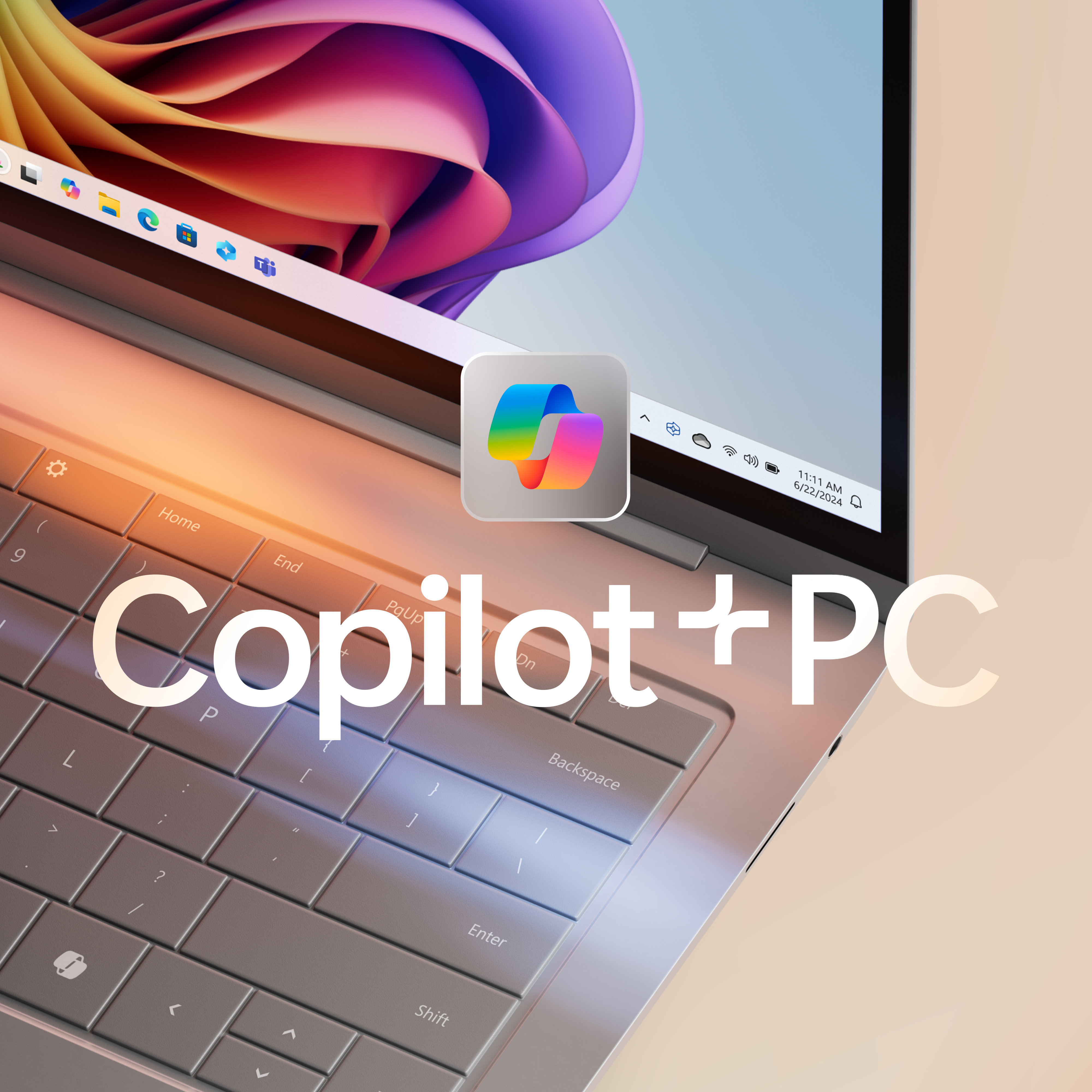 Ένας υπολογιστής Windows 11 με πολύχρωμη ανθοφορία και το εικονίδιο Copilot στην οθόνη